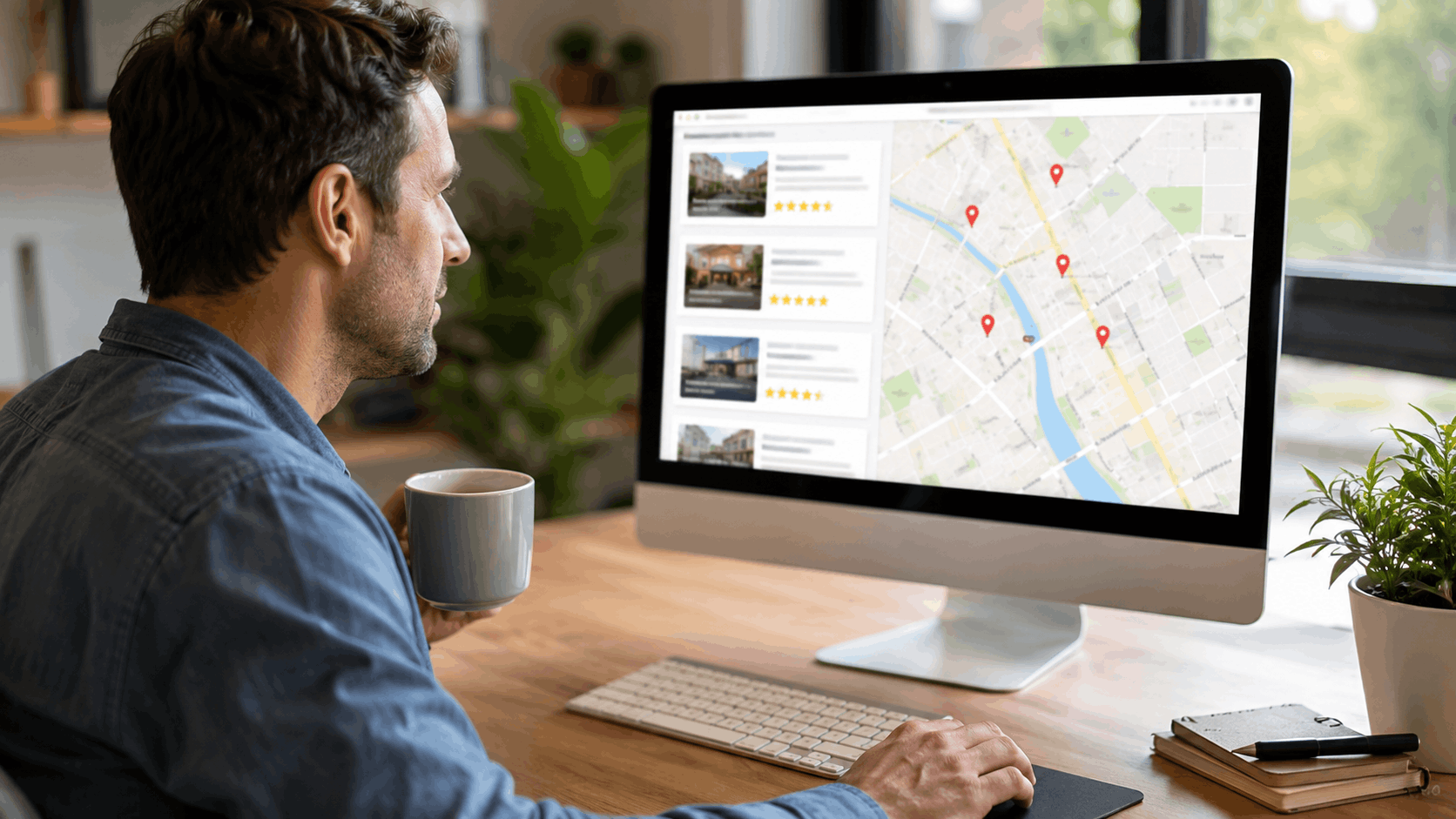 Man drinking coffee while browsing Google local business listings and map rankings on desktop computer