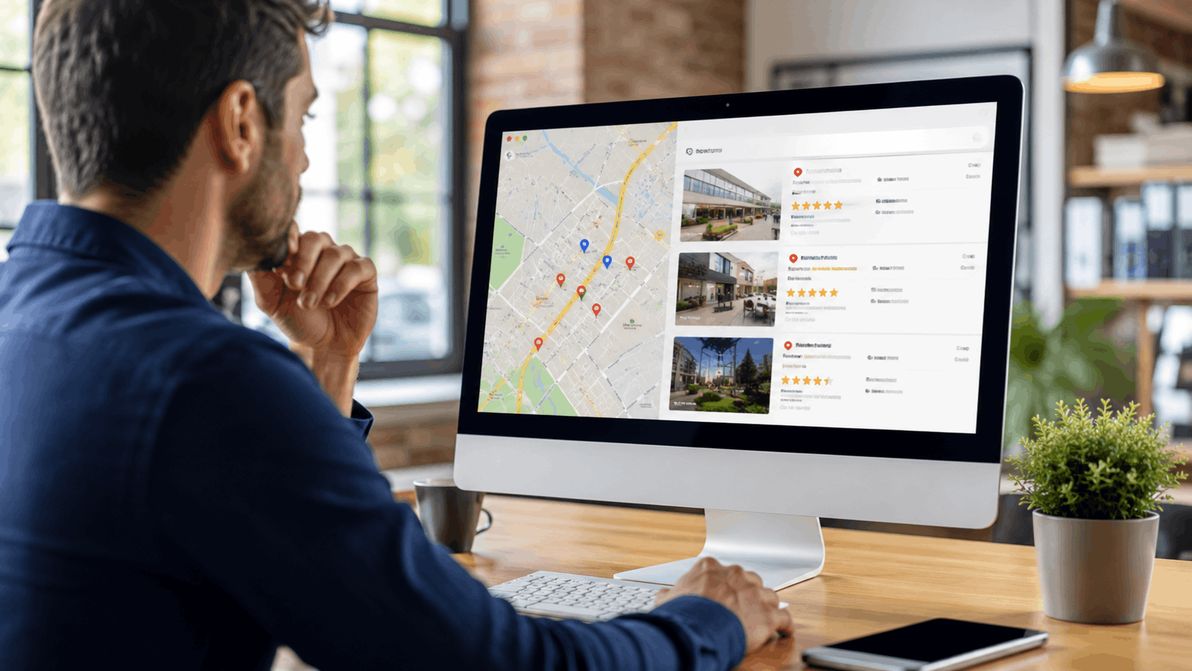 Man reviewing local business star ratings and map listings on desktop computer