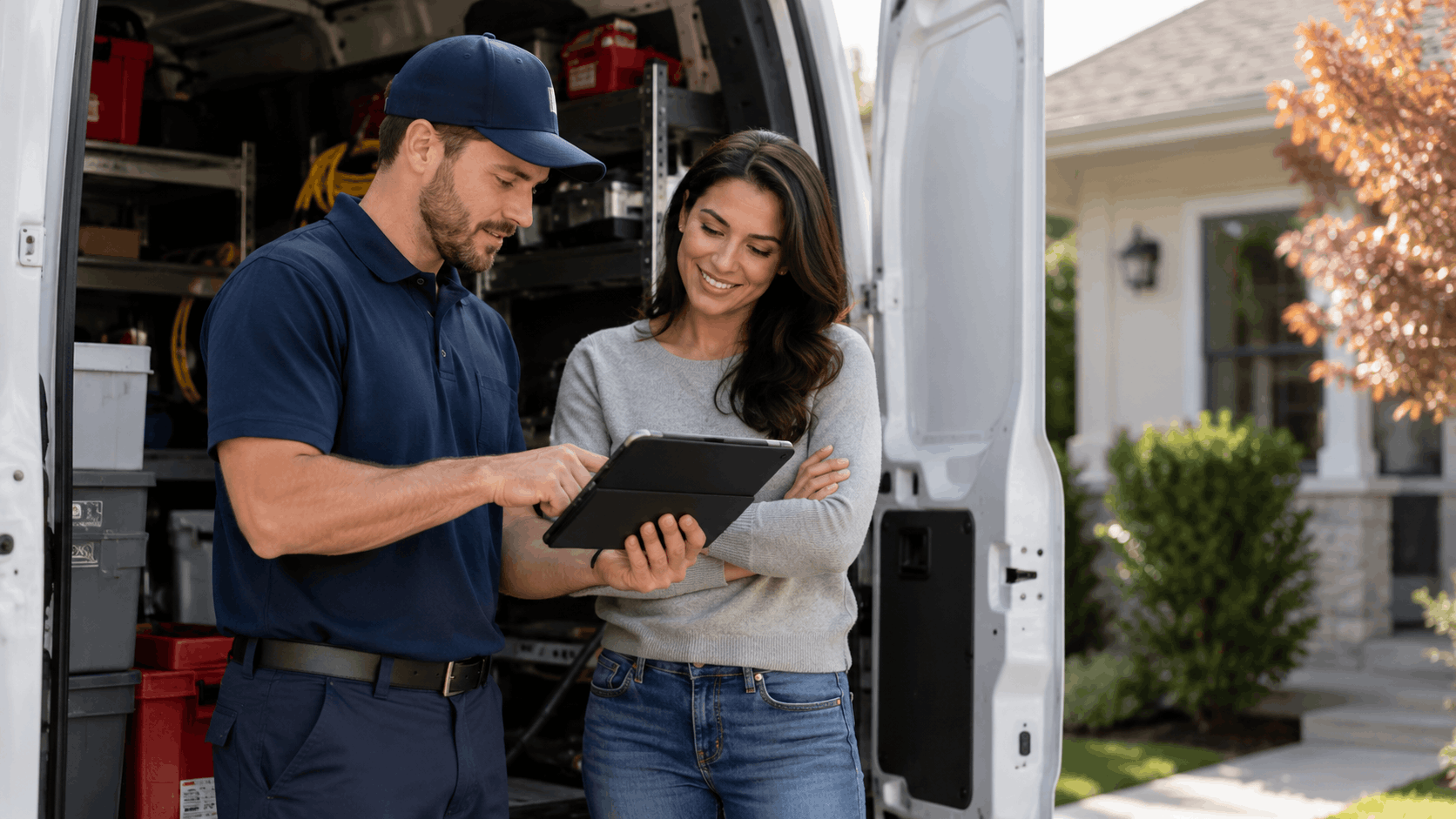 Technician showing tablet with service details to smiling homeowner near work van