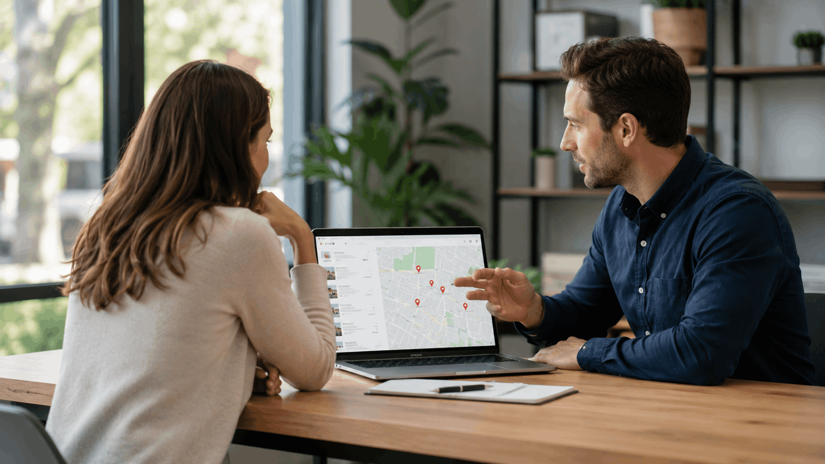 Real estate agent showing client property locations on Google Maps laptop screen