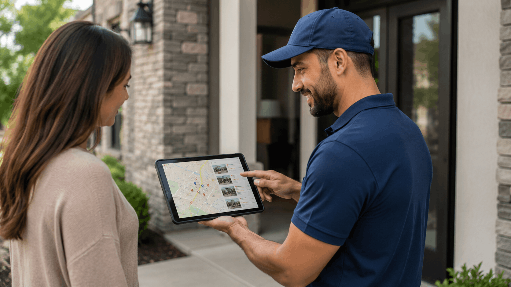 Delivery worker showing homeowner a map app on tablet at front door
