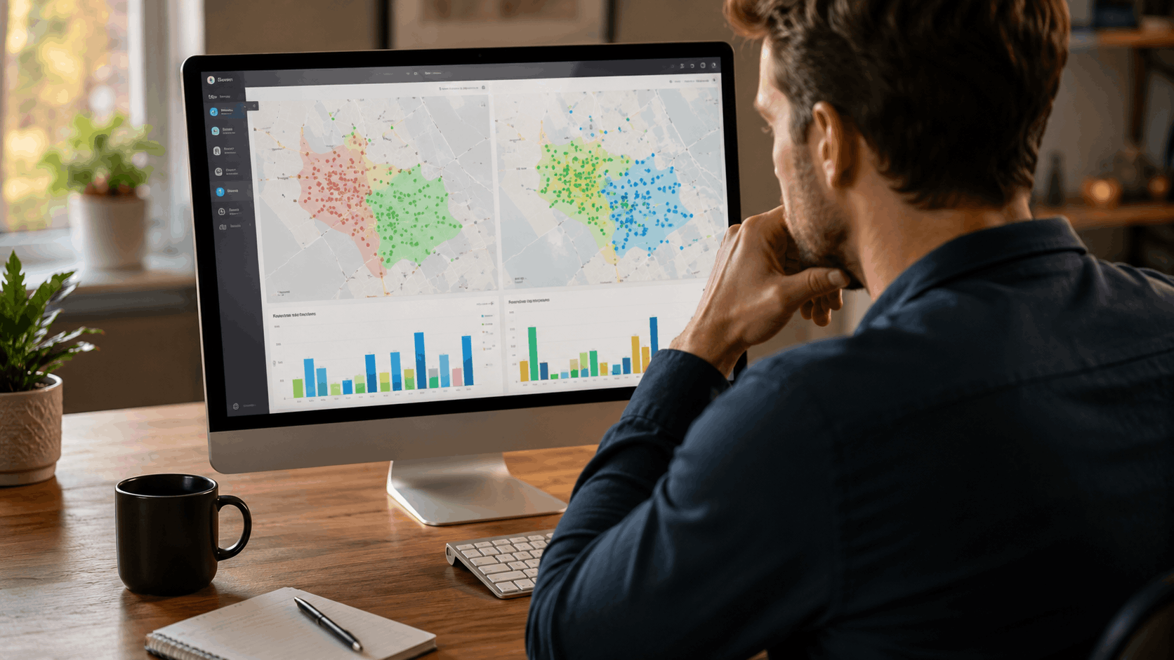Man analyzing grid-based local SEO rank tracking maps with neighborhood-level data visualizations