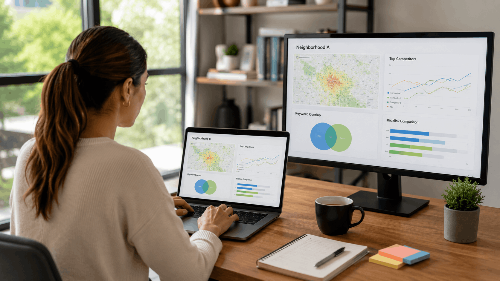 Woman analyzing competitor backlink profiles and neighborhood SEO data on dual screens