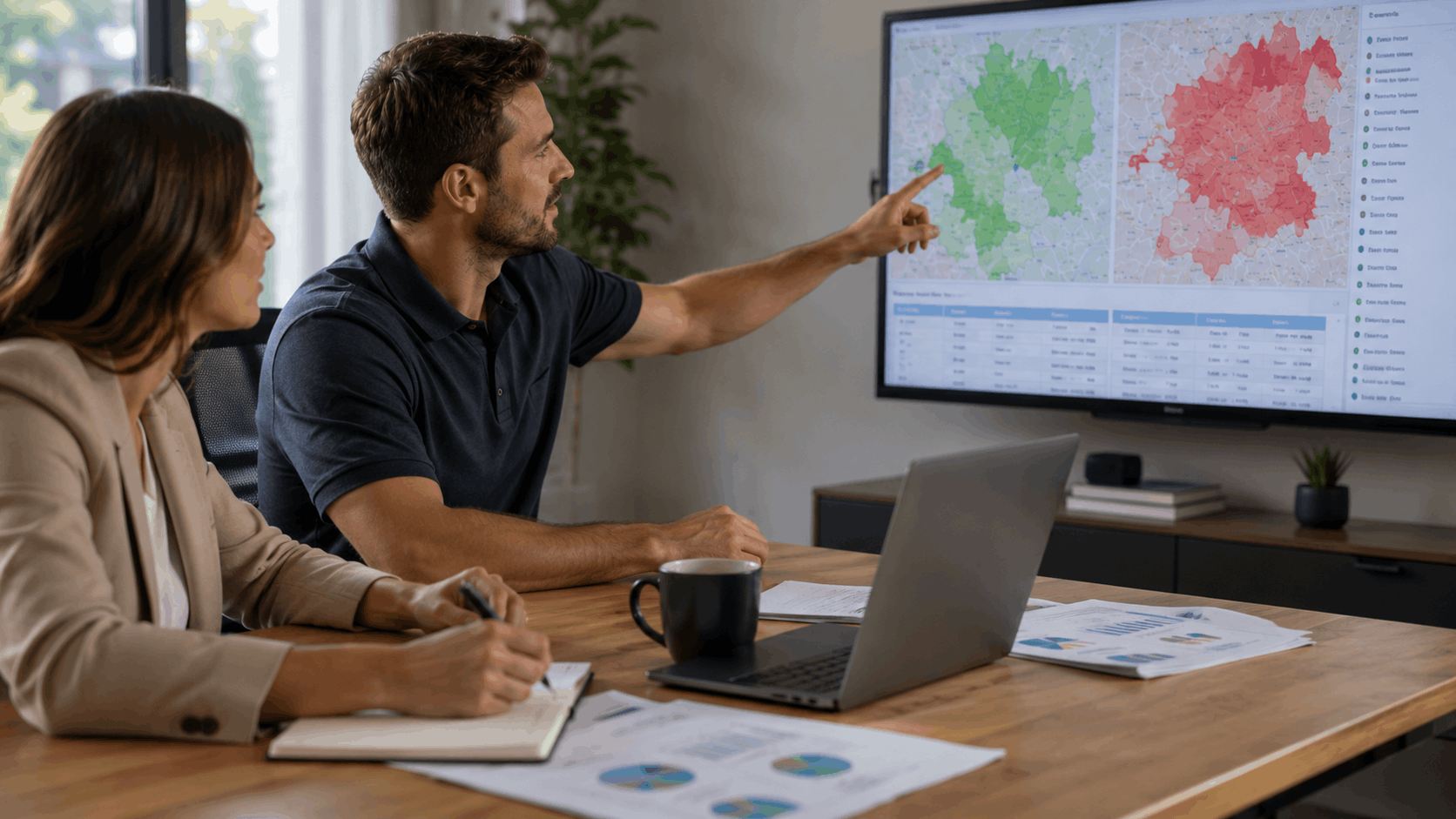 Two professionals analyzing color-coded competitive territory maps on large display screen