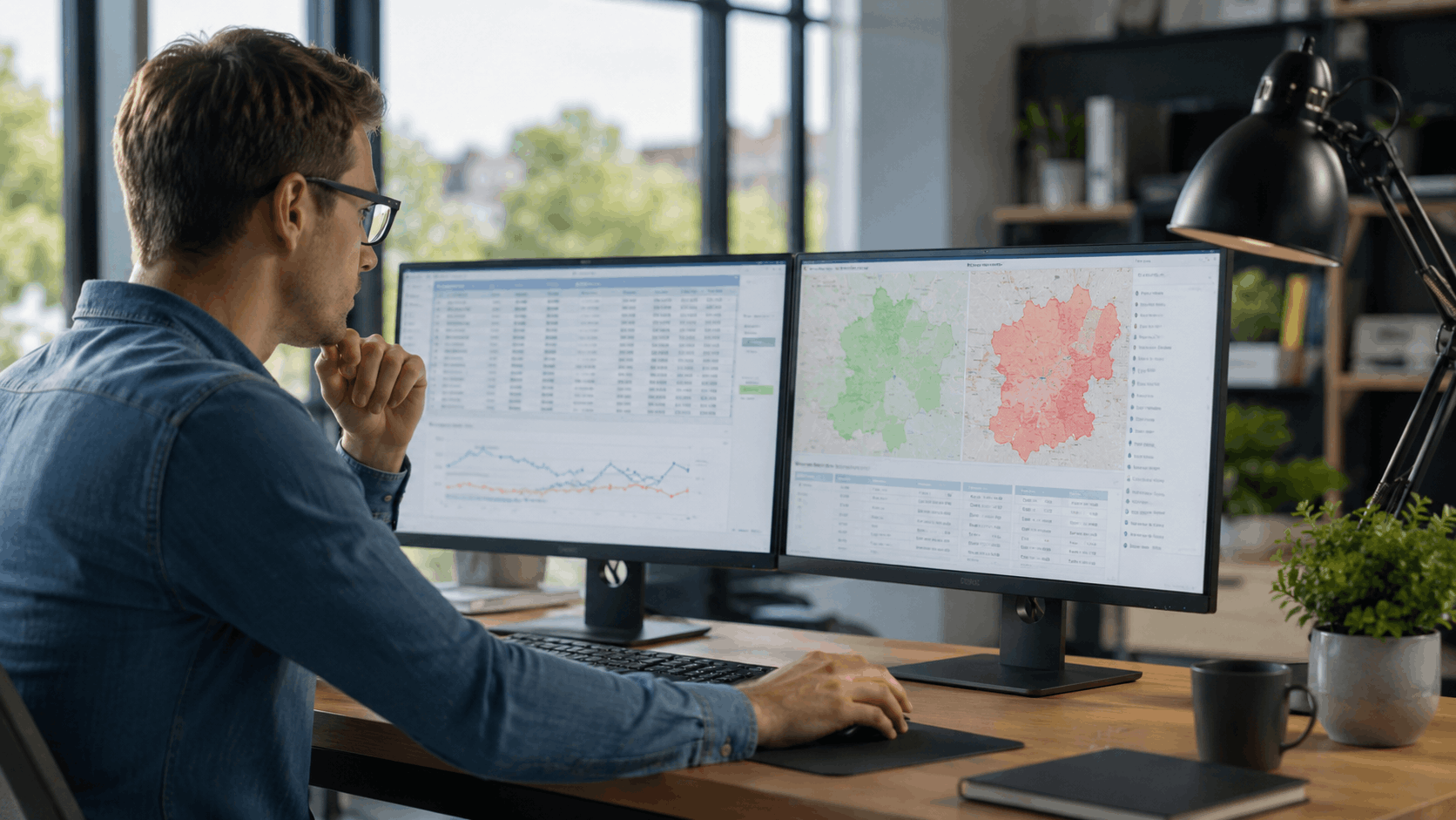 Man in glasses analyzing data dashboards and geographic heat maps on dual monitors