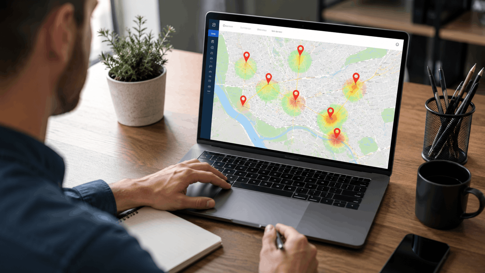 Man analyzing rank map heatmap with multiple location pins on laptop screen