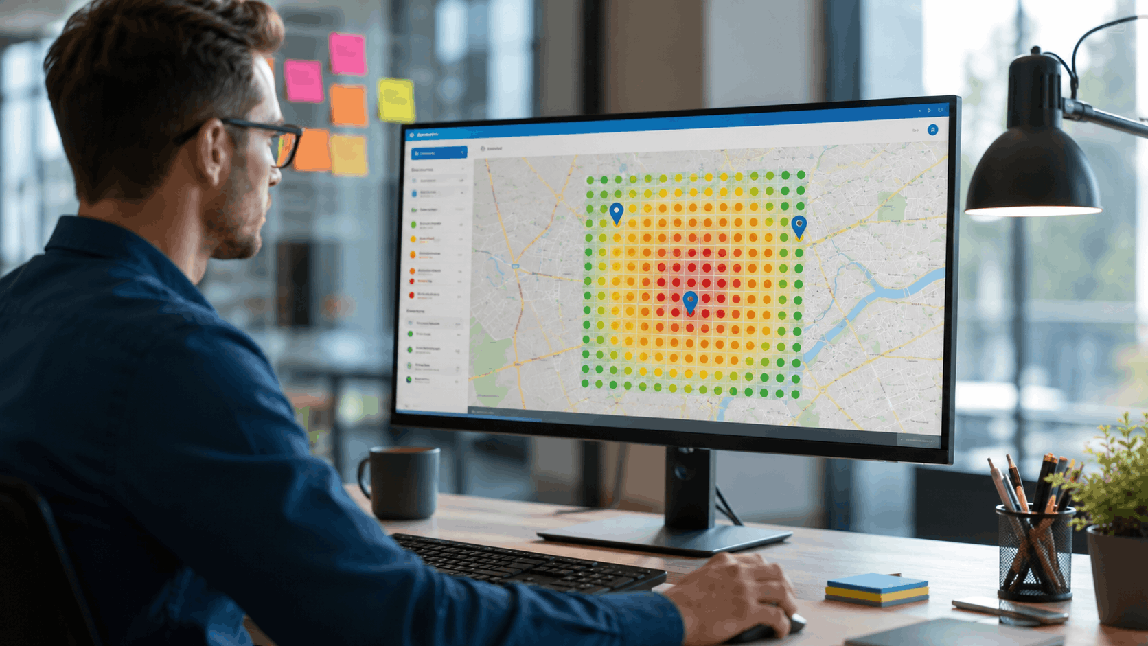 Marketing professional analyzing multi-location rank map heatmap results on large desktop monitor