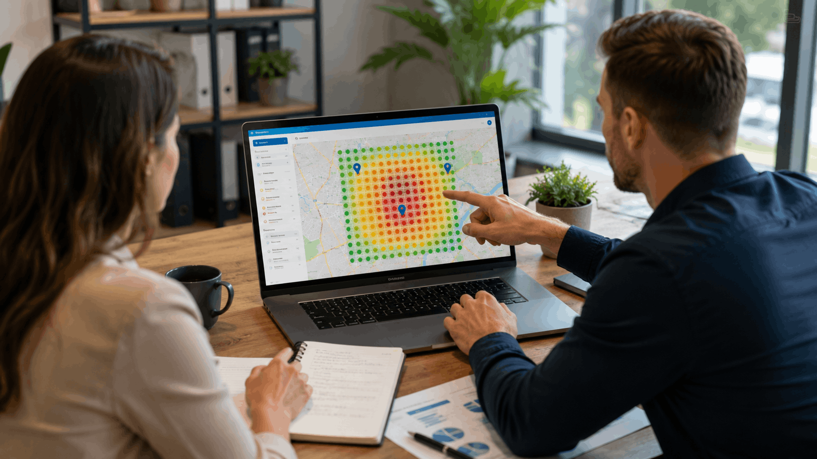 Two professionals analyzing a heat map with multiple location pins on laptop screen