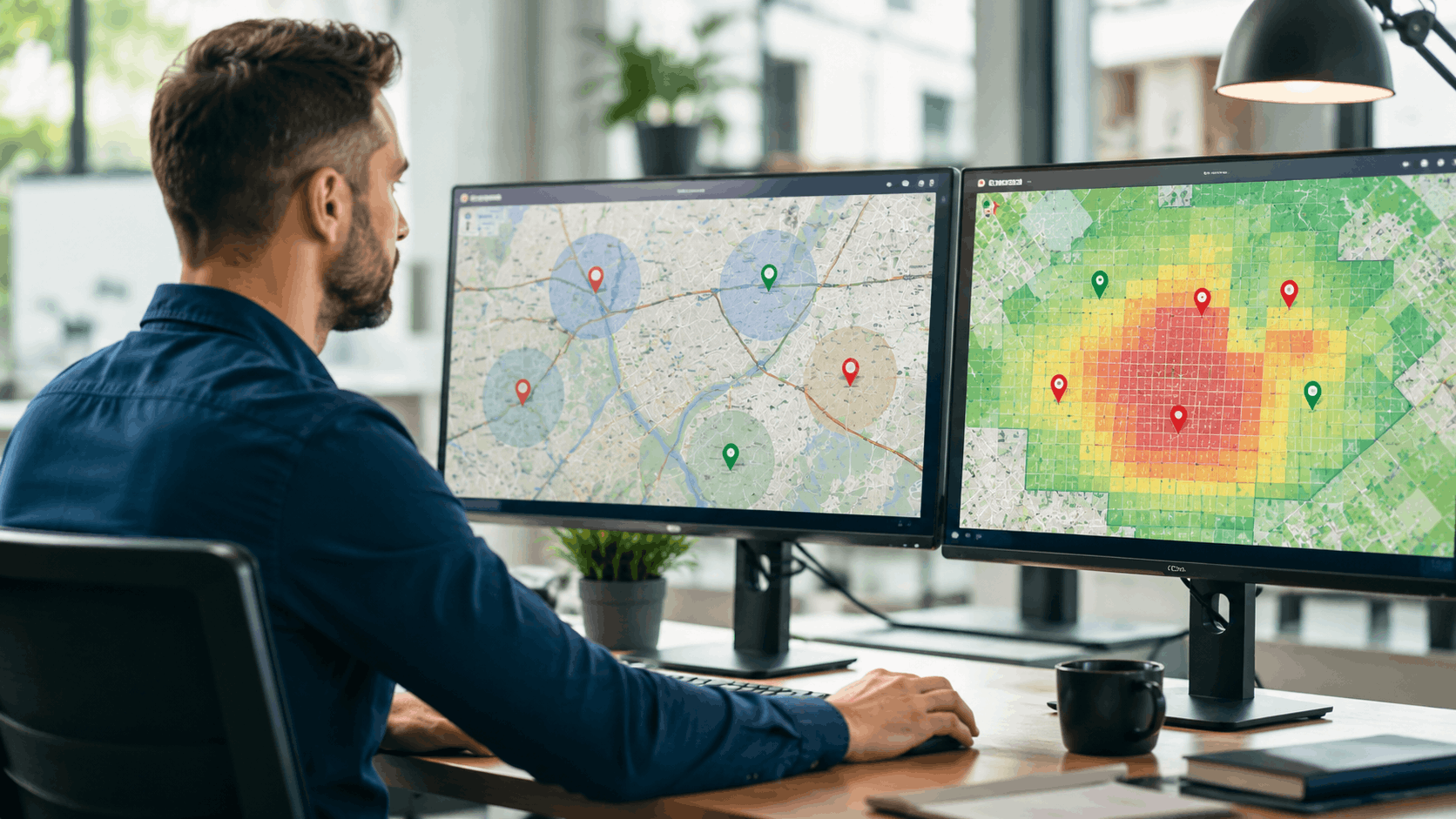 Man analyzing multi-location rank maps with heat maps on dual monitors