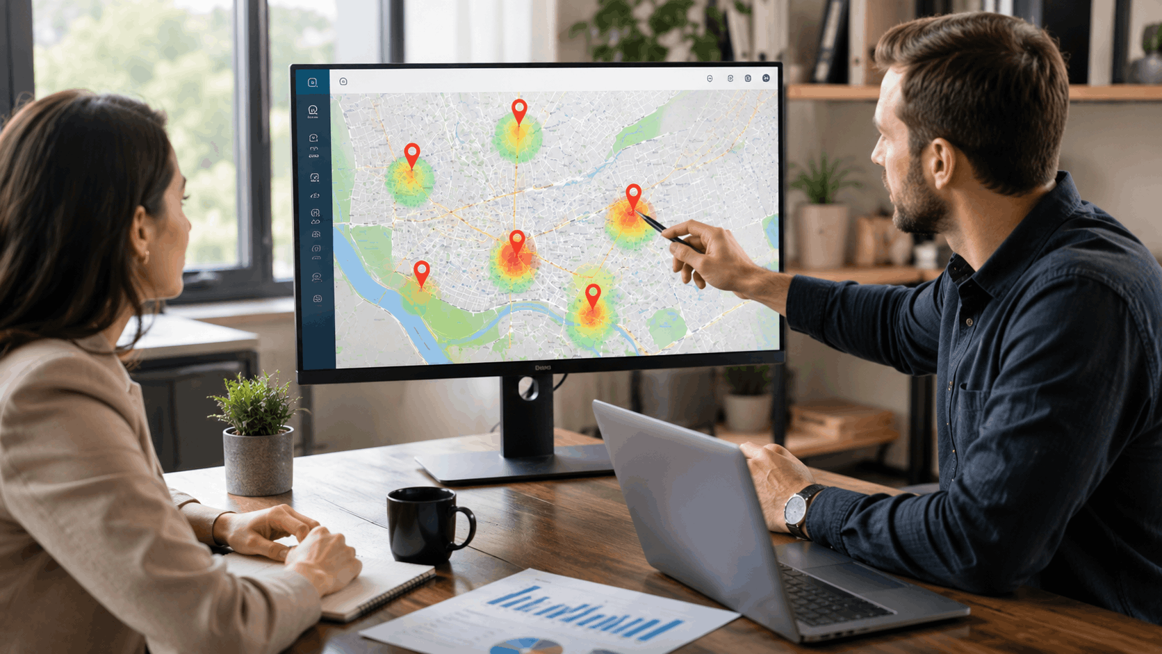 Two professionals analyzing a heat map with multiple location pins on a monitor