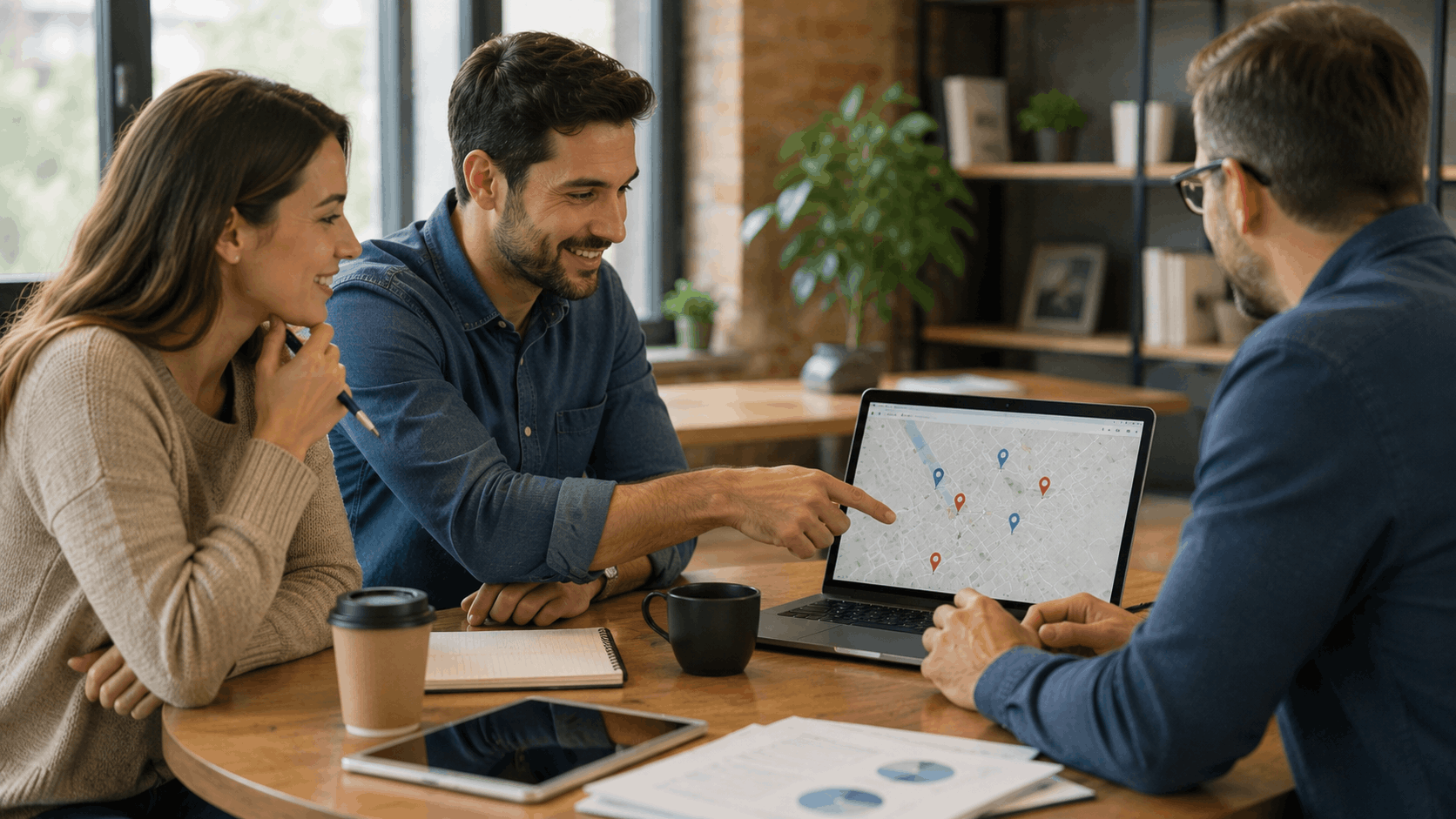Couple reviewing local business map citations with real estate agent on laptop