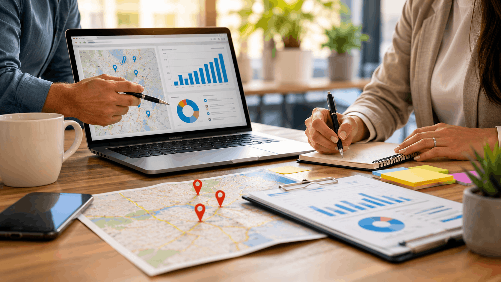 Two professionals analyzing local SEO map pack data on laptop and printed charts