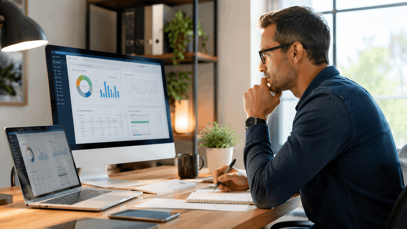 Businessman analyzing local SEO backlink and citation data on dual monitors