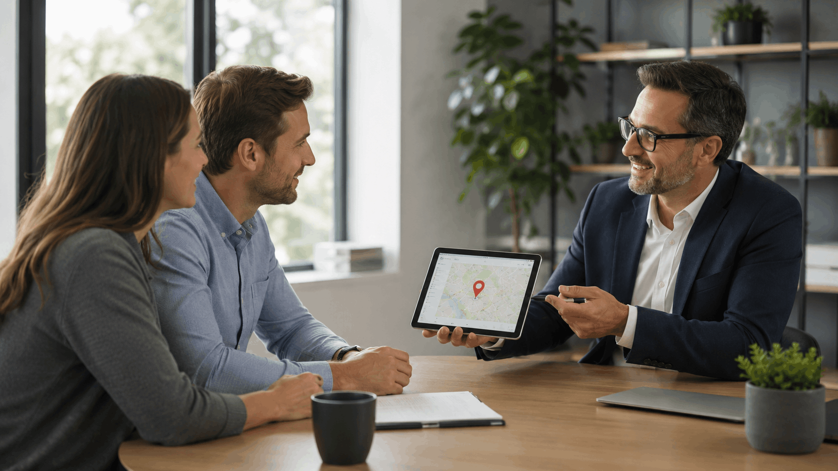 Real estate agent showing property location map on tablet to couple