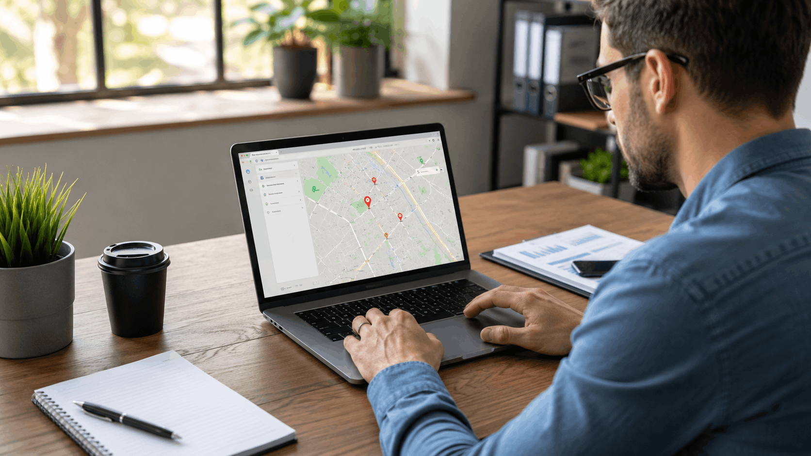 Man reviewing Google Business Profile map locations on laptop during local SEO audit