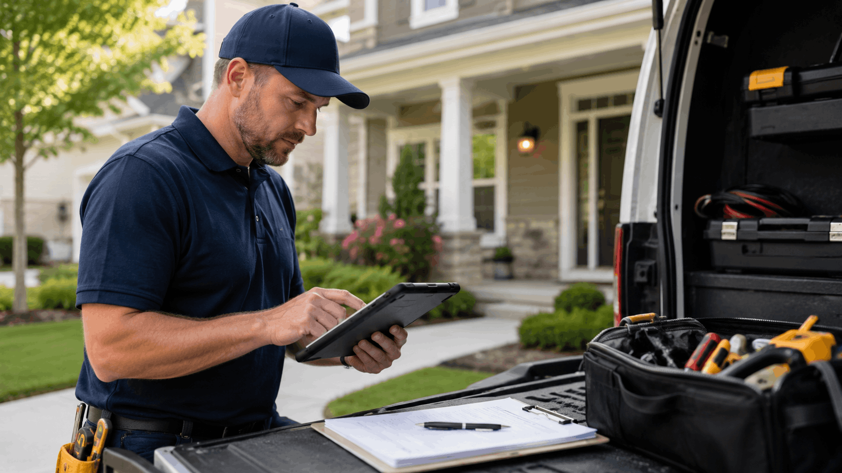 HVAC technician reviewing service records on tablet at work van outside suburban home