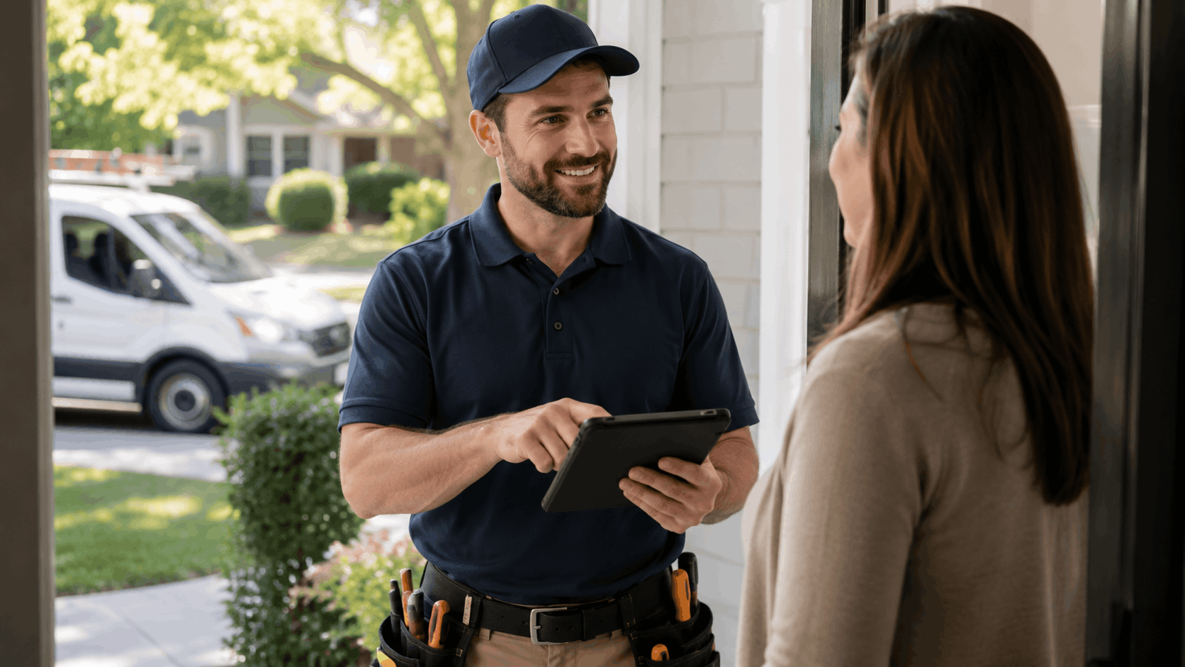 Friendly home service technician with tablet and tool belt greeting homeowner at door