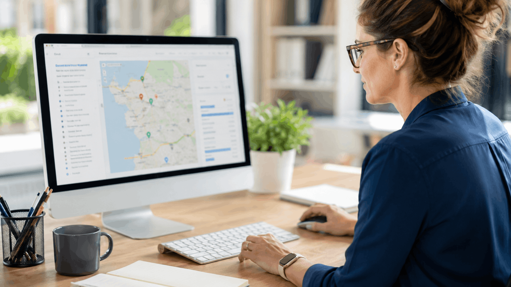 Woman analyzing local SEO map data on desktop computer for link building audit