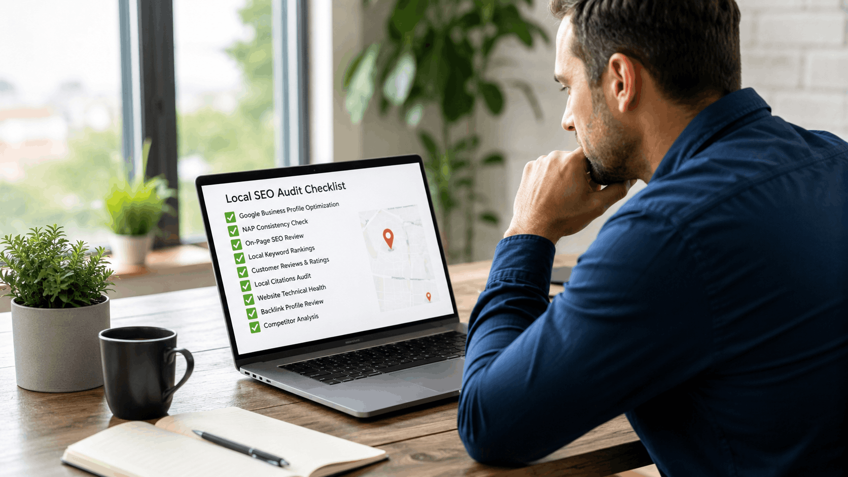Man reviewing Local SEO audit checklist on laptop with map location pins