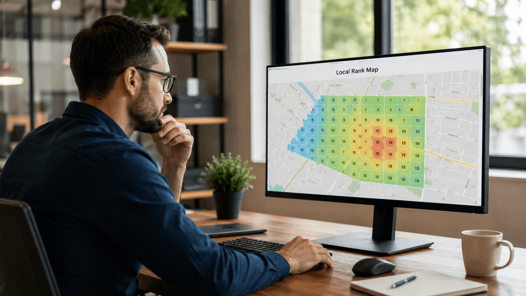Man analyzing a local rank map heat grid on desktop computer monitor