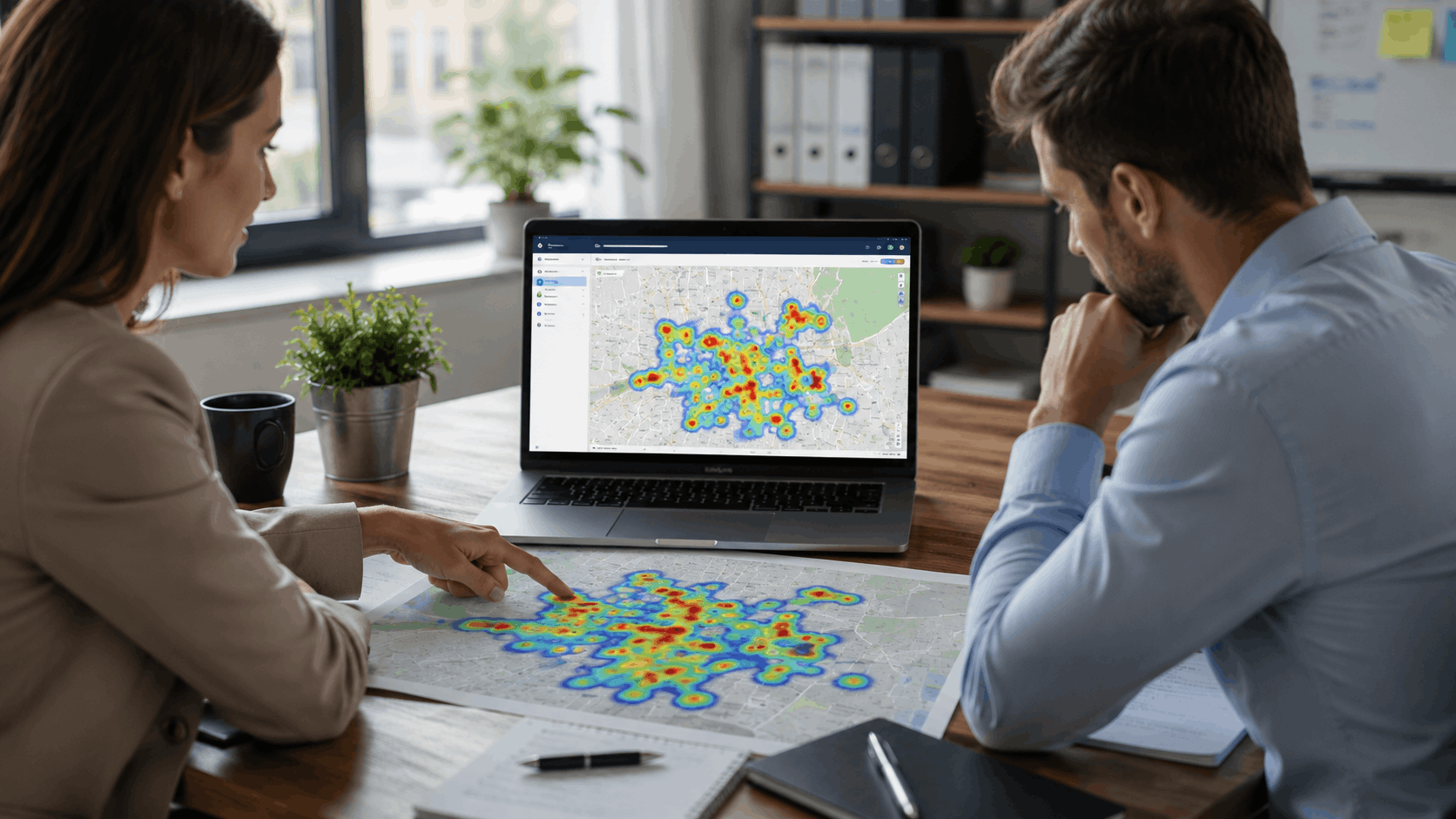 Two professionals analyzing local rank heatmap data on laptop and printed map