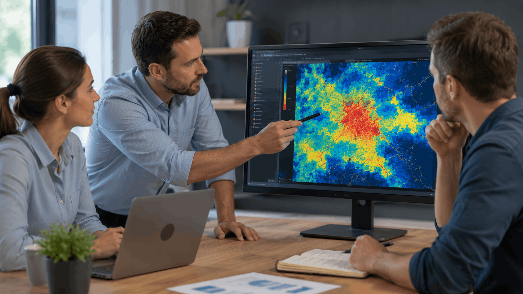 Three professionals analyzing a colorful local rank heatmap on large office monitor