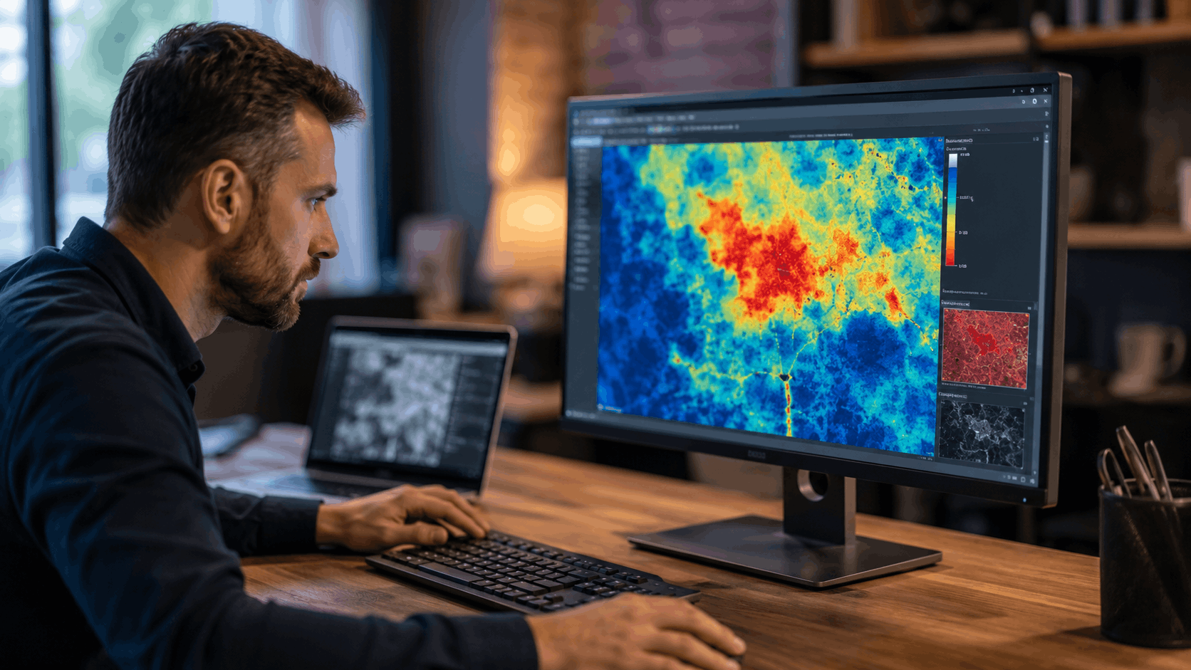 Analyst reviewing misleading local rank heatmap data on large desktop monitor